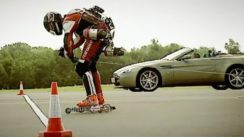 Aston Martin V8 Vantage vs Jet Powered Rollerskates